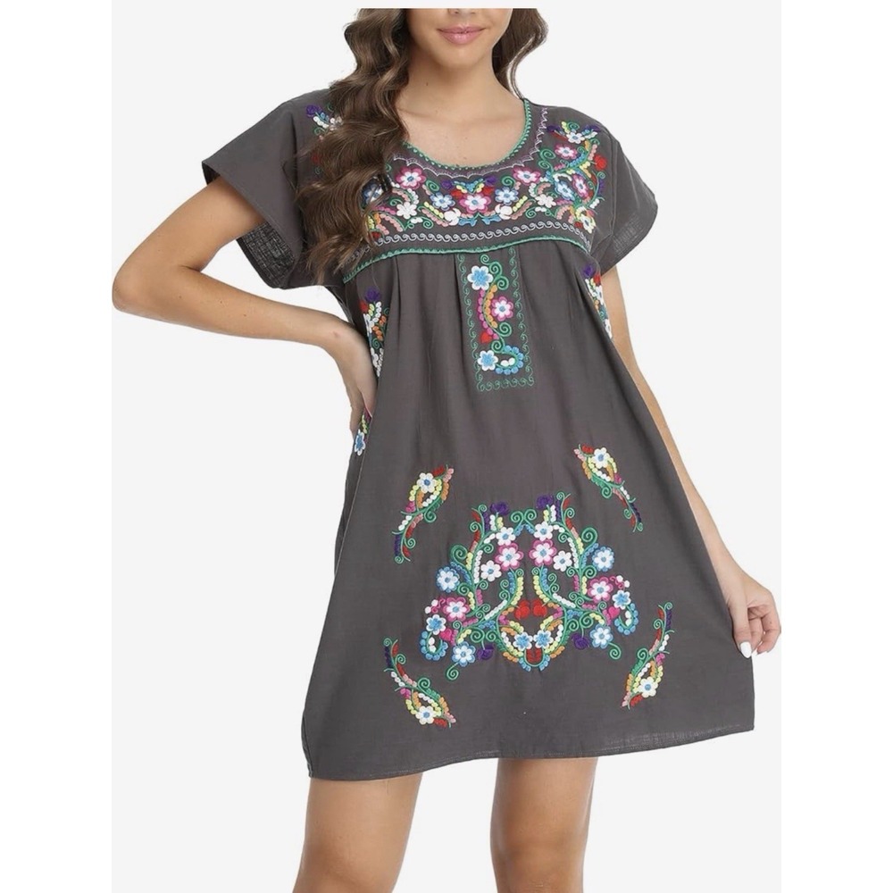 YZXDORWJ Dress 3XL 100% Cotton Floral Embroidered Mexican Boho Shift #GH6-1
